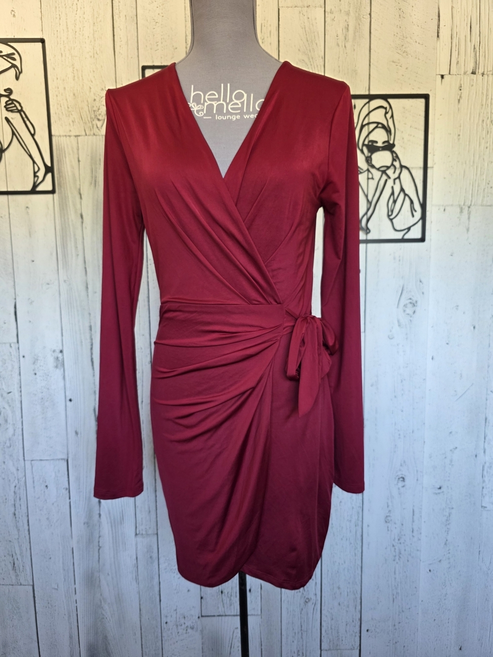 Revamped Dark Red Ruched Wrap Style Mini Dress Size L Date Night Gping Out